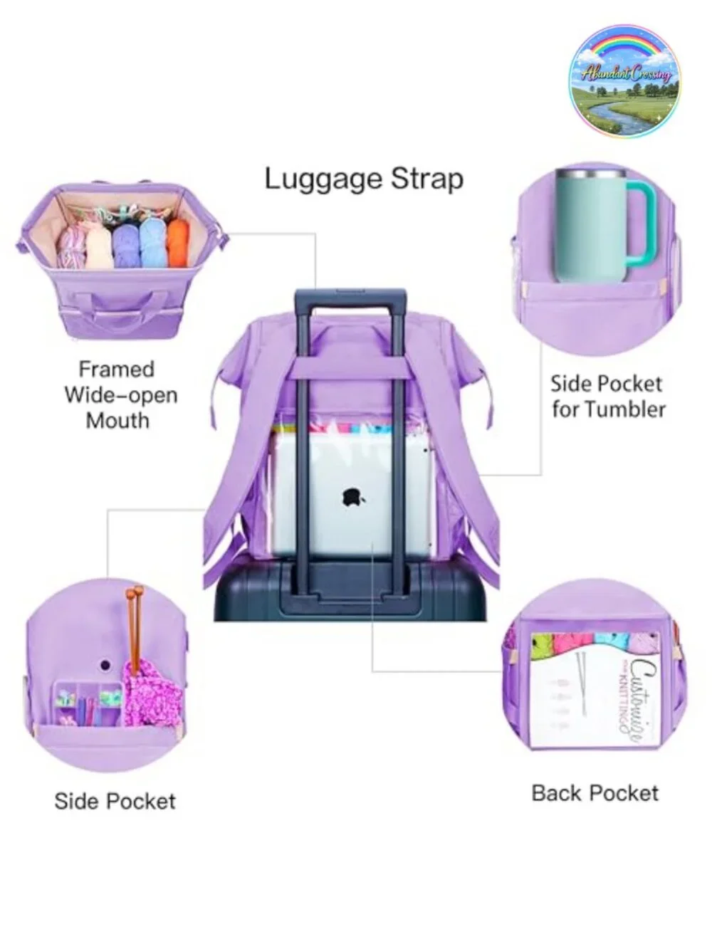 Large Crochet Bag Backpack Yarn Storage Tote with Pockets for Knitting Supplies
